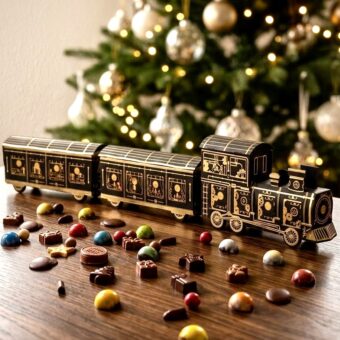 Calendrier de l'Avent en forme de train En route vers Noël, garni de dômes, orangettes et pâtes de fruits – Bertrand Chocolatier