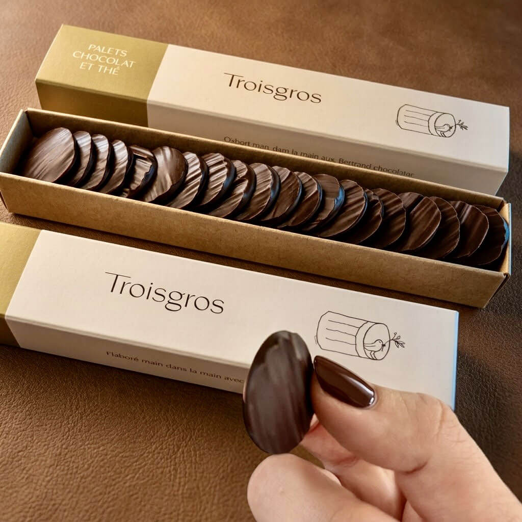 Palets au chocolat noir 66 % et thé fruits rouges, créés pour la Maison Troisgros – Bertrand Chocolatier